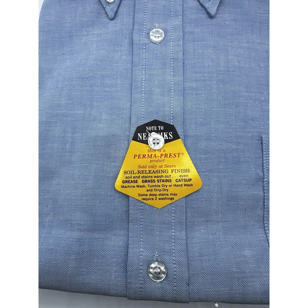 Vintage Sears Perma-Prest Oxford‎ Button Up Shirt Mens 17 XL Blue Deadstock NOS